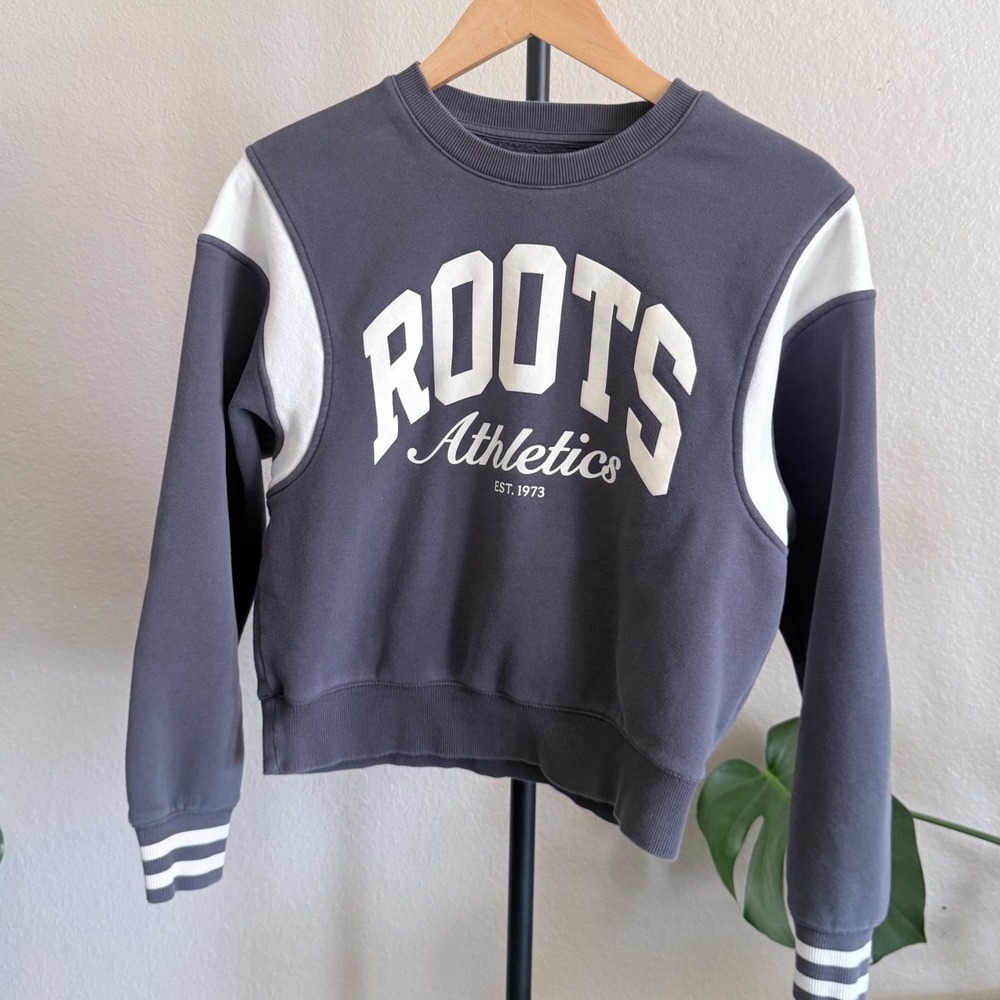 Roots Athletics Grey White Colorblock Varsity Crewneck Sweatshirt Womens XS